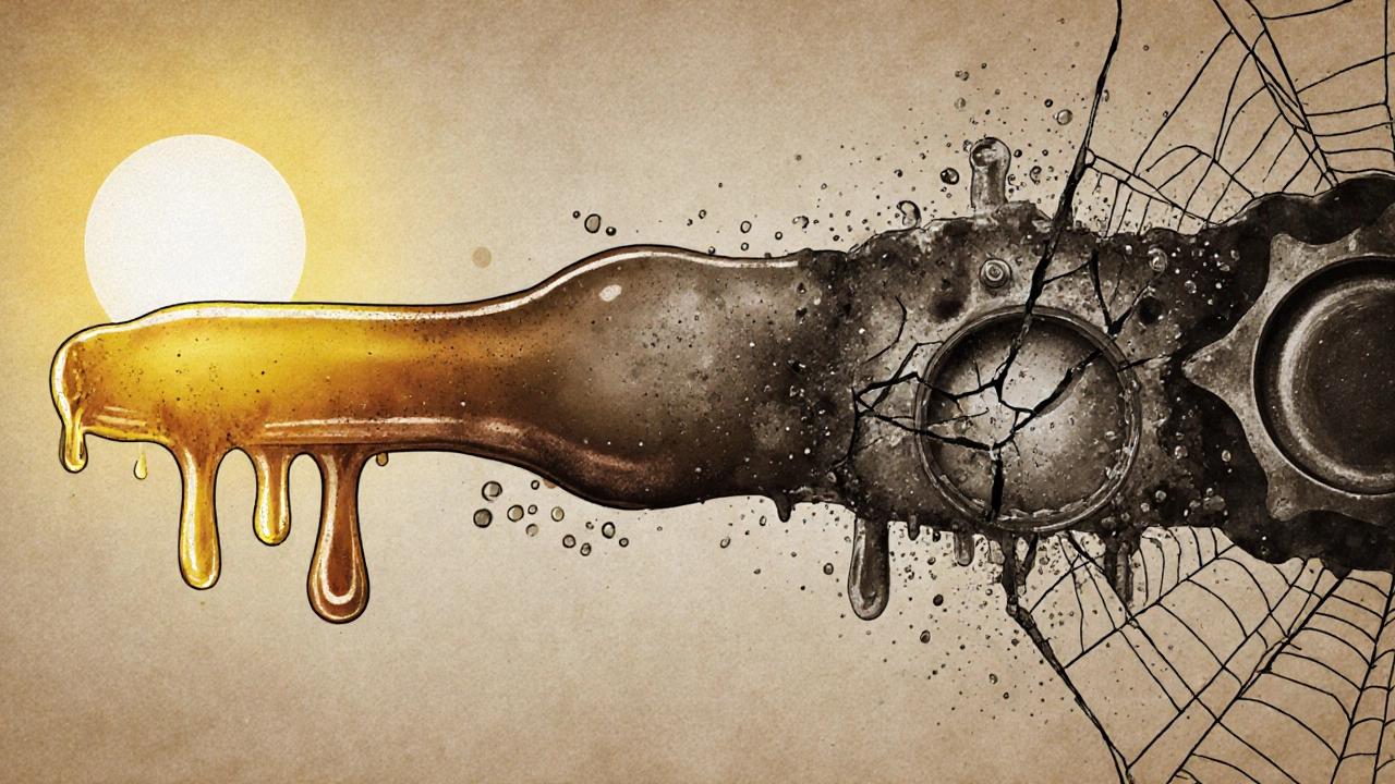 Хронология старения моторного масла: от светлого до чёрного сла с металлической стружкой.