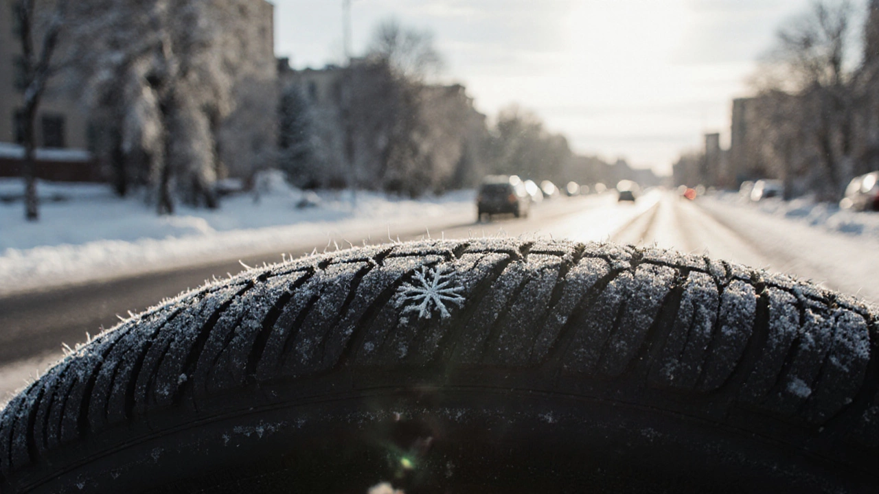 Крупный план шины с чётко видимым символом снежинки и глубоким протектором на зимней дороге.