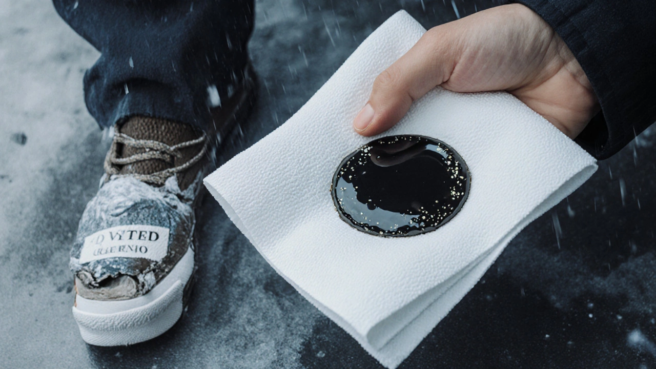 Масляное пятно на бумаге с частицами металла, рядом — разорванная наклейка о замене.