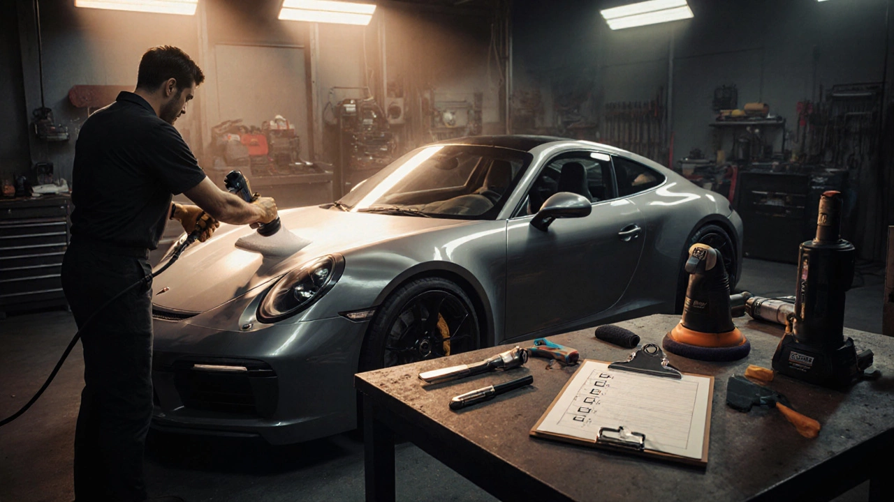 Мастер в гараже наносит винил на спорткара, рядом чек‑лист.