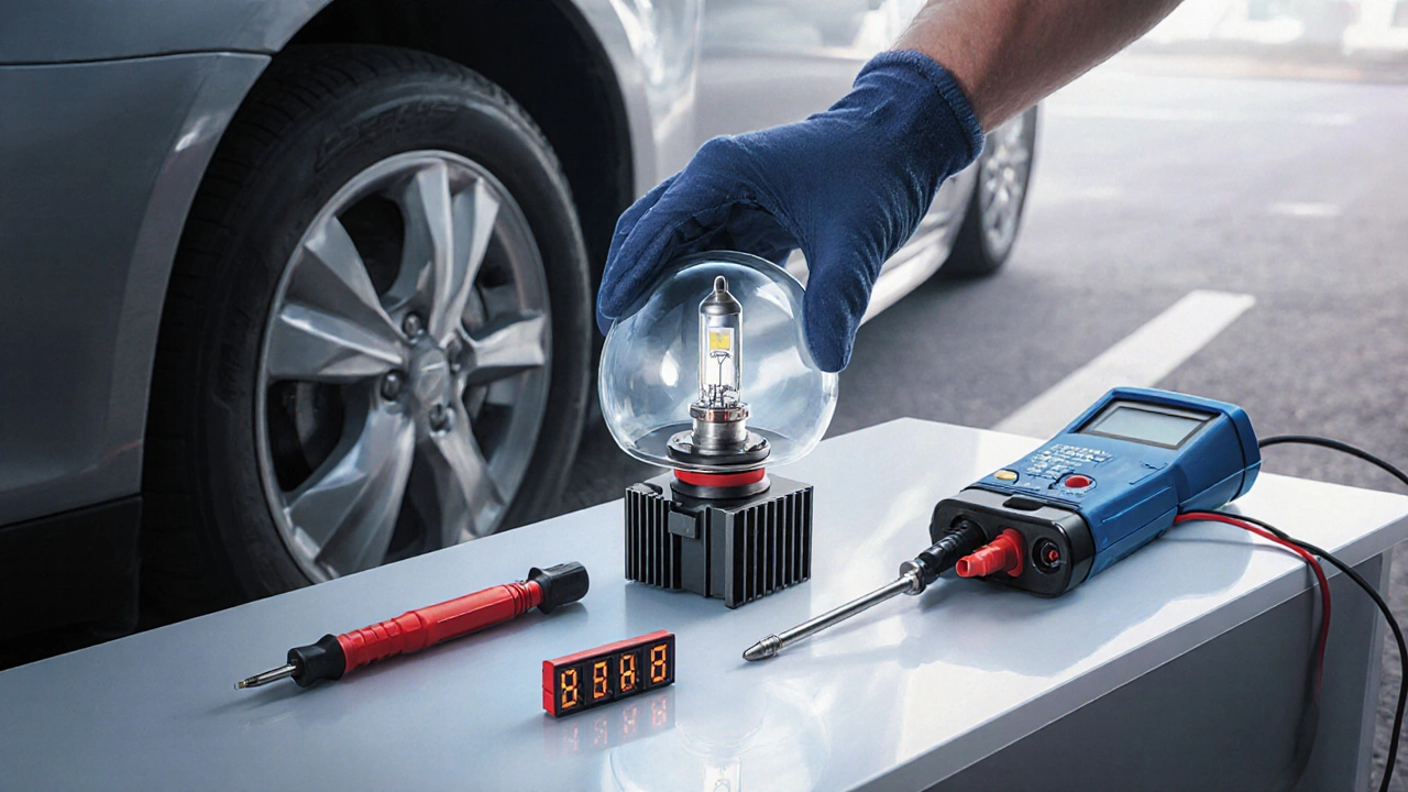 Механик меняет лампу, снимая старую галогенную и устанавливая новую LED‑модуль.