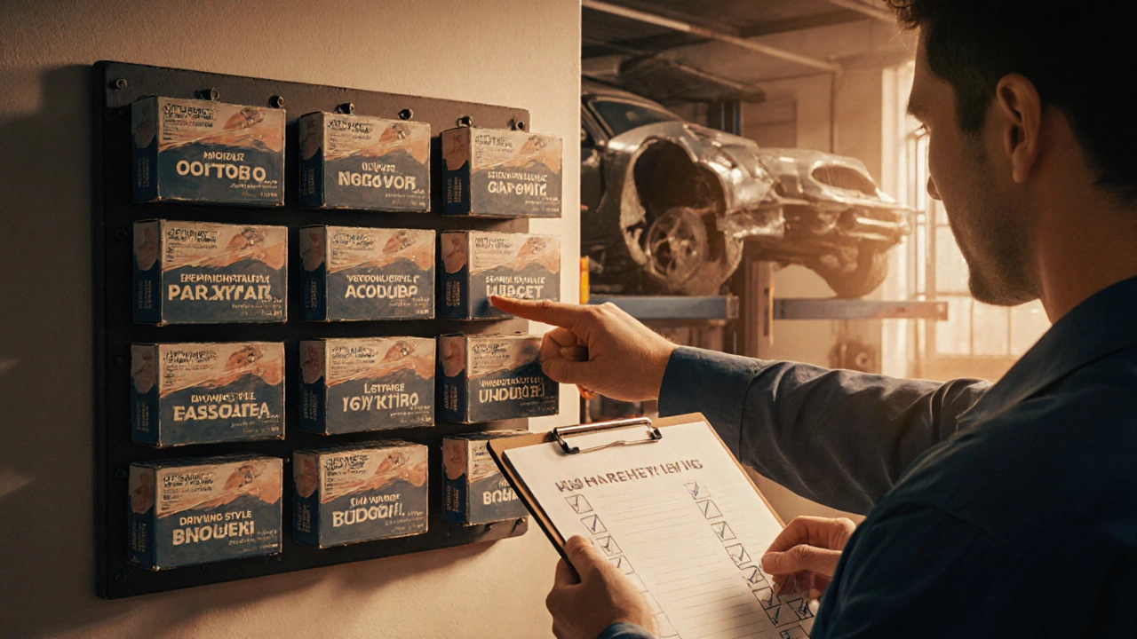 Механик показывает варианты колодок, водитель выбирает подходящие для своего автомобиля.