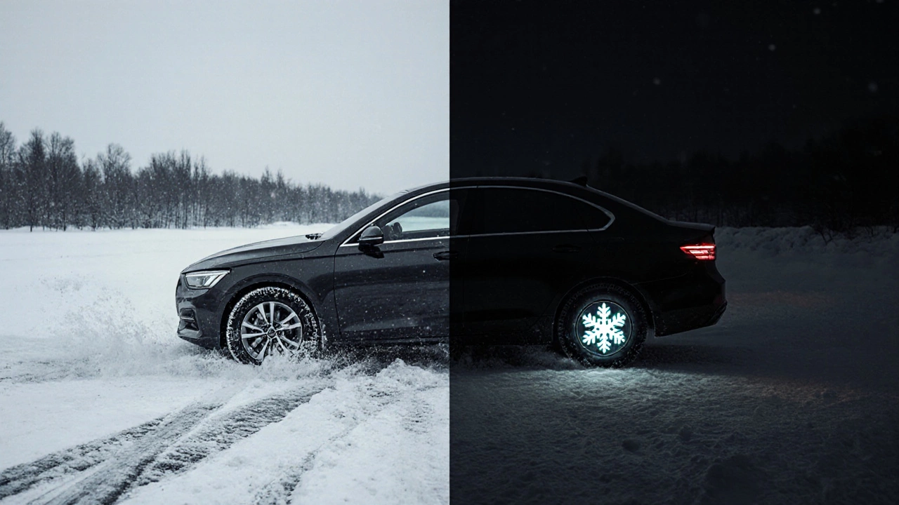 Разделённая сцена: машина на льду с опасным скольжением на всесезонных шинах и уверенным движением на всепогодных.