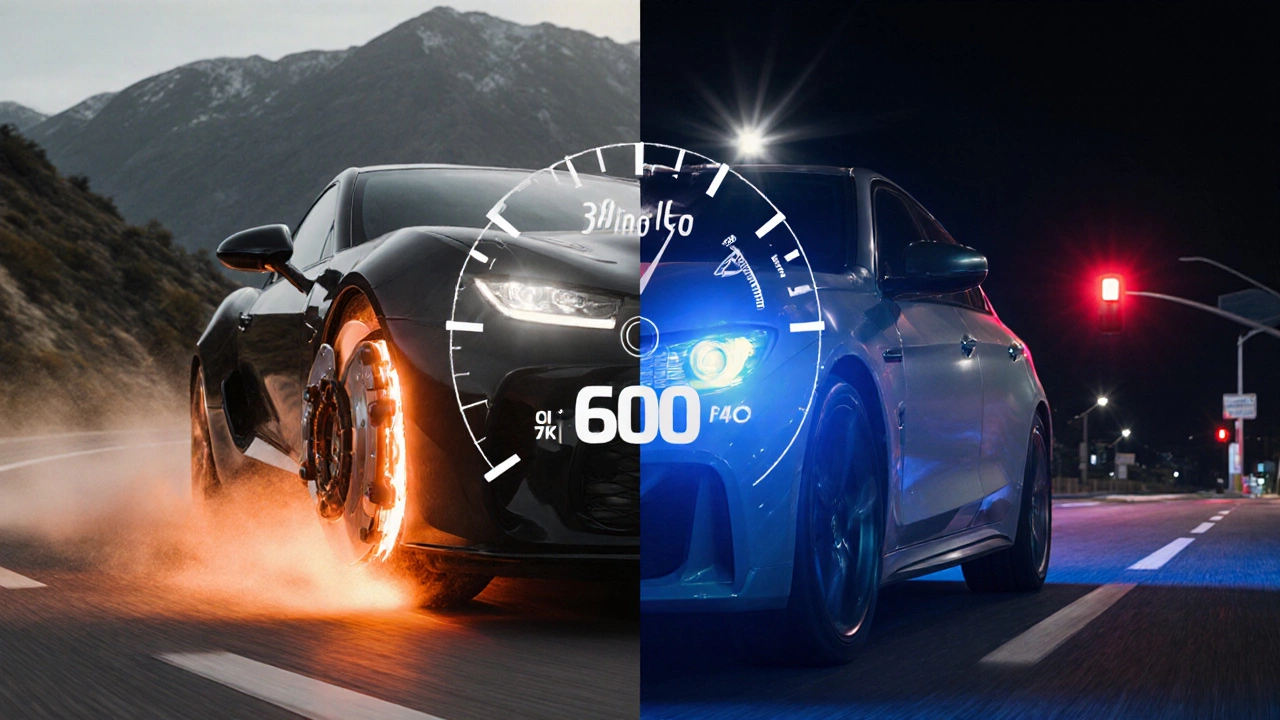 Сравнение торможения: спорткар в горах с полуметаллическими колодками и седан в городе с керамикой.