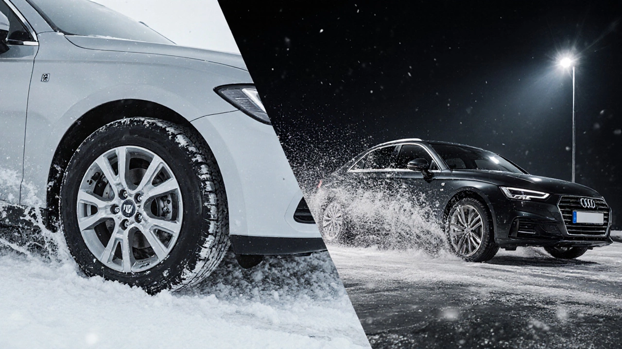 Сравнение: зимние шины цепляются за лед, всесезонные шины скользят на той же дороге.