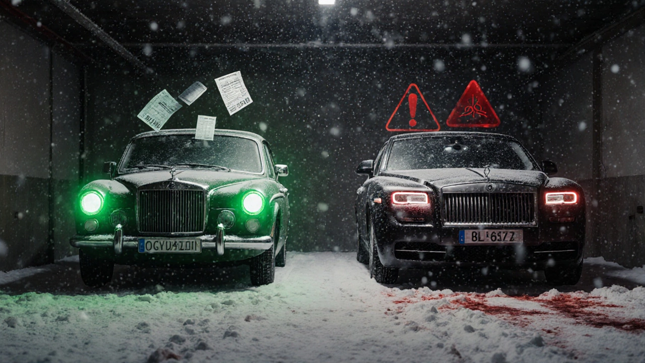 Старая машина в гараже с видимыми признаками обслуживания, новая — с тревожными сигналами.