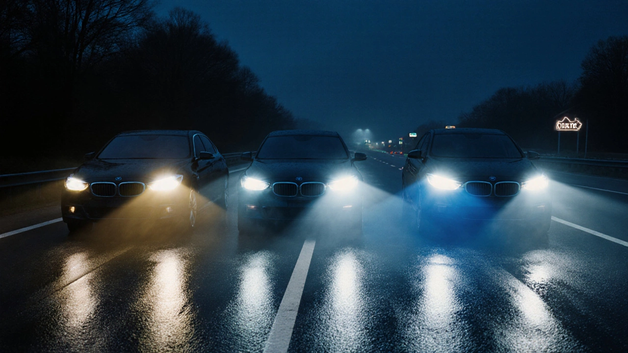 Три автомобиля показывают различный цвет и дальность световых лучей на ночной дороге.