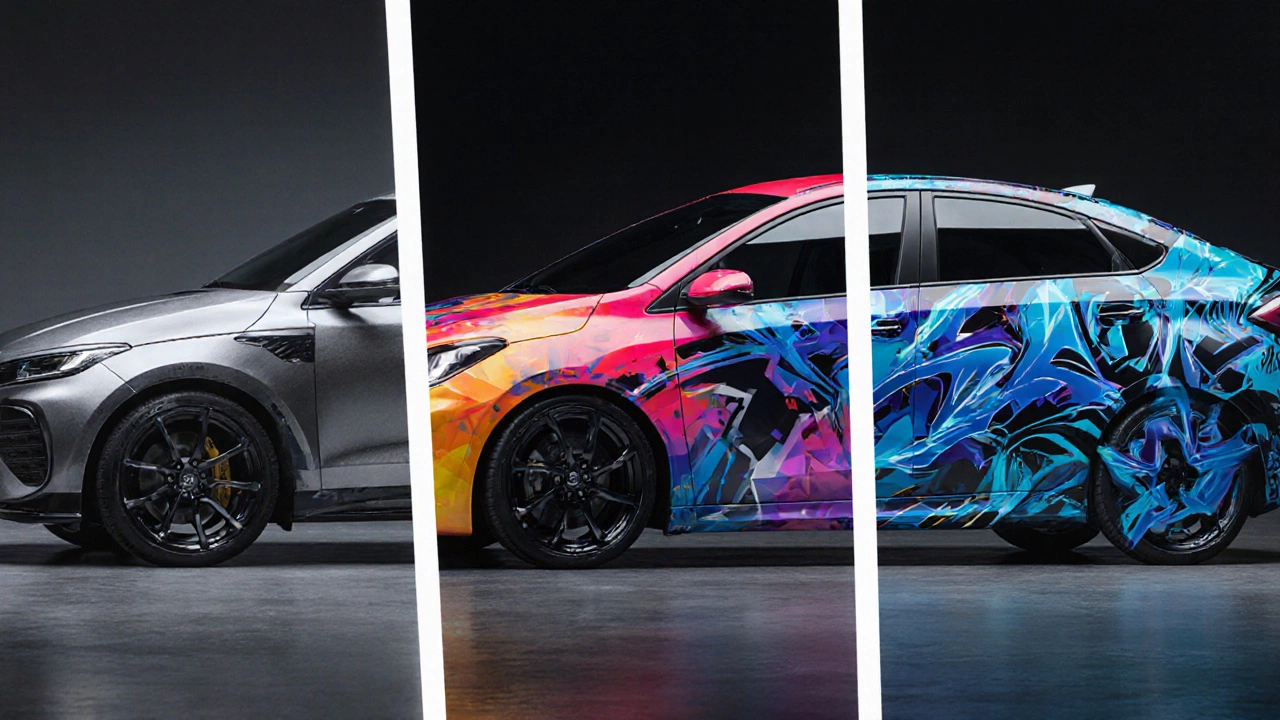 Три панели показывают покраску, виниловый обвес и аэрографию на одном авто.