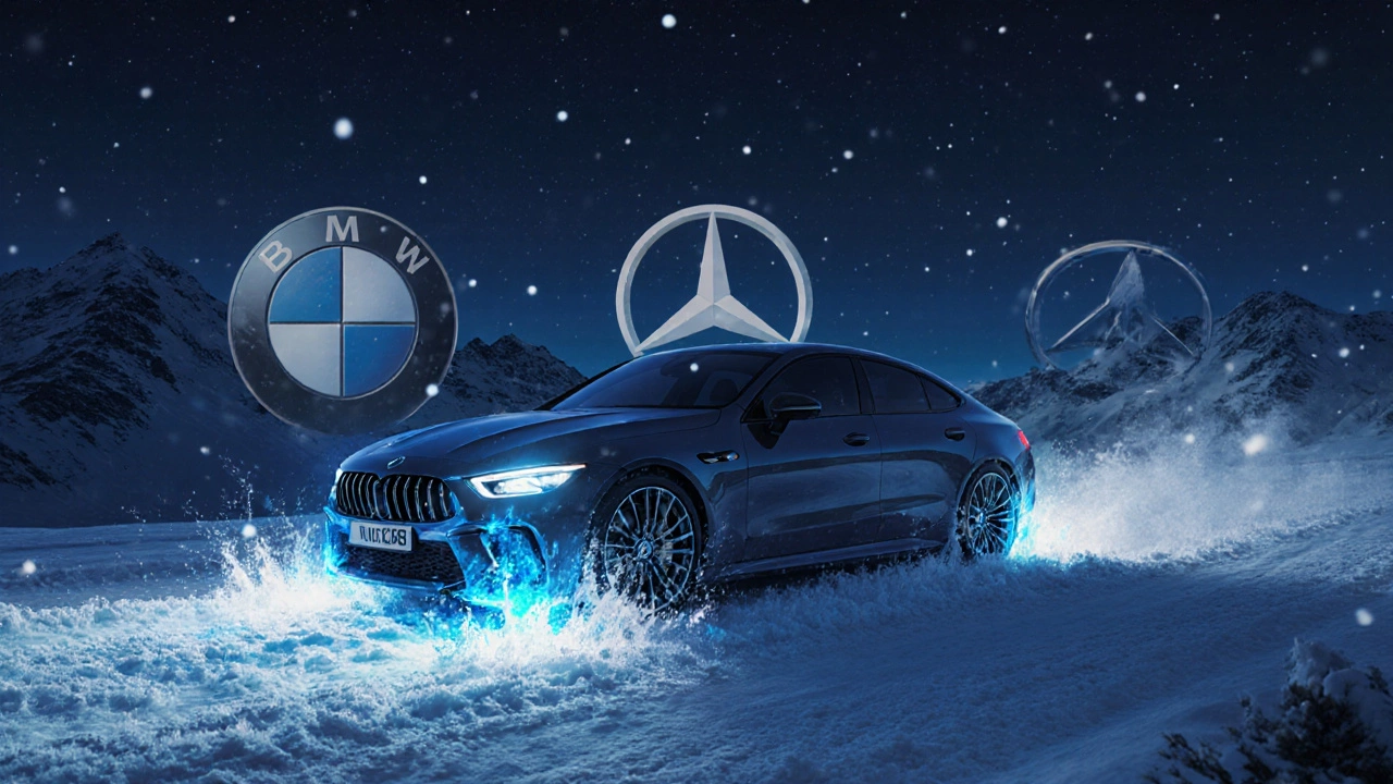 Автомобиль тормозит на ледяной горной дороге, колодки ATE испускают тепло, тающее снег.