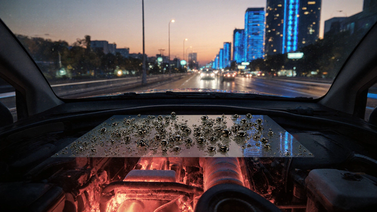 Автомобиль в пробке, внутри двигателя — видимые загрязнения масла: сажа, вода, металлические частицы.