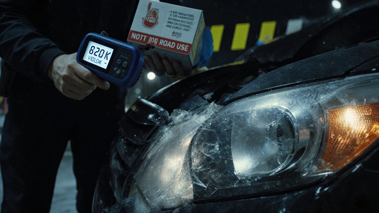 Инспектор проверяет фару автомобиля с помощью прибора, показывающего нарушение цветовой температуры.