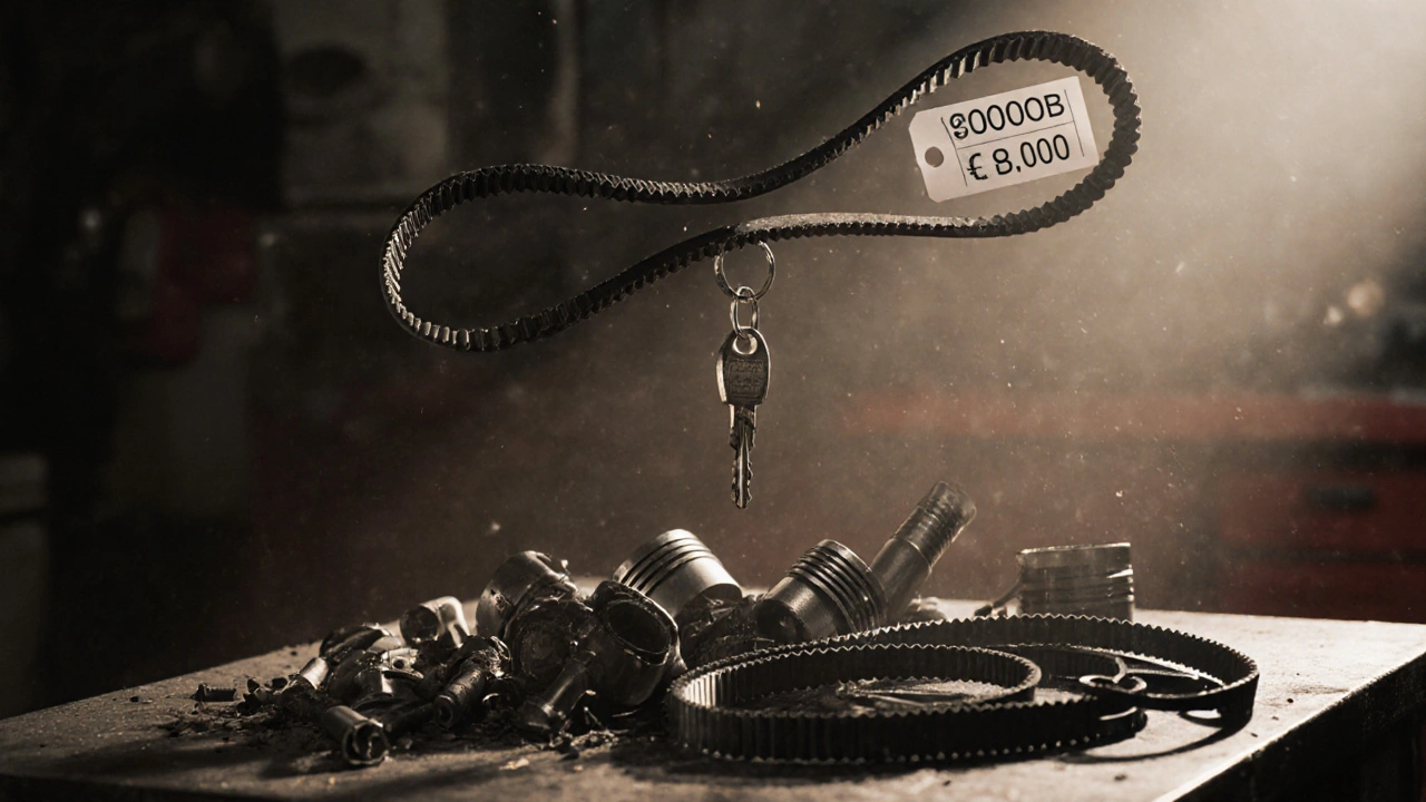 Ключ от машины на разорванном ремне ГРМ над разрушенным двигателем, рядом — новый ремень и ценники.