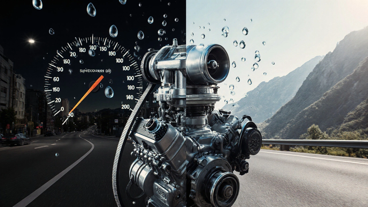 Компрессор на двигателе Лада Веста с визуализацией потоков воздуха и топлива, символизирующий прирост мощности.