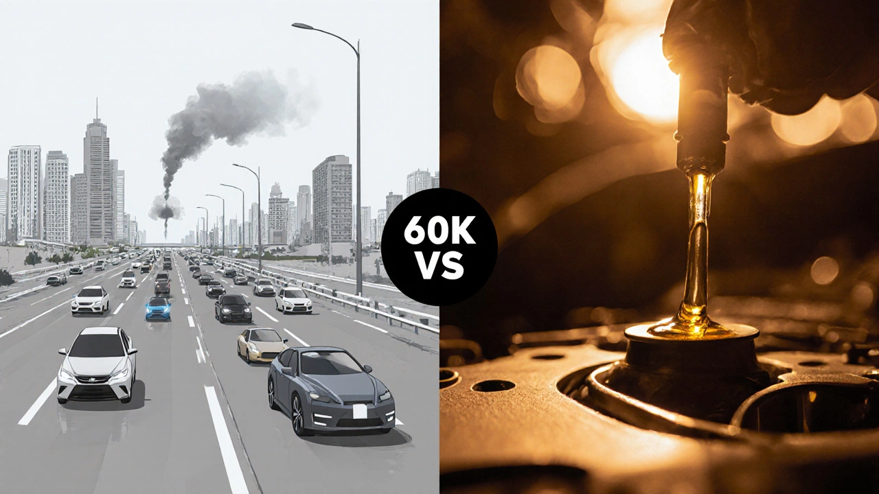 Контраст двух машин: городская с грязным маслом и трассовая с чистым маслом, символизирующие разницу в состоянии двигателя.