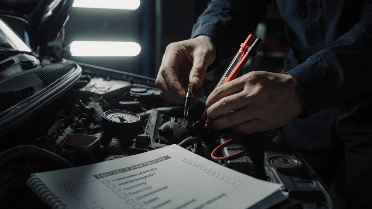 Механик проверяет масло и давление в двигателе под ярким светом, рядом лежат инструменты и список обслуживания.