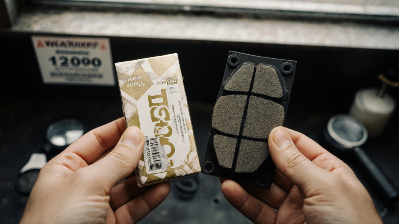 Механик сравнивает оригинальную и поддельную тормозную колодку Raybestos на фоне ценника и предупреждения.