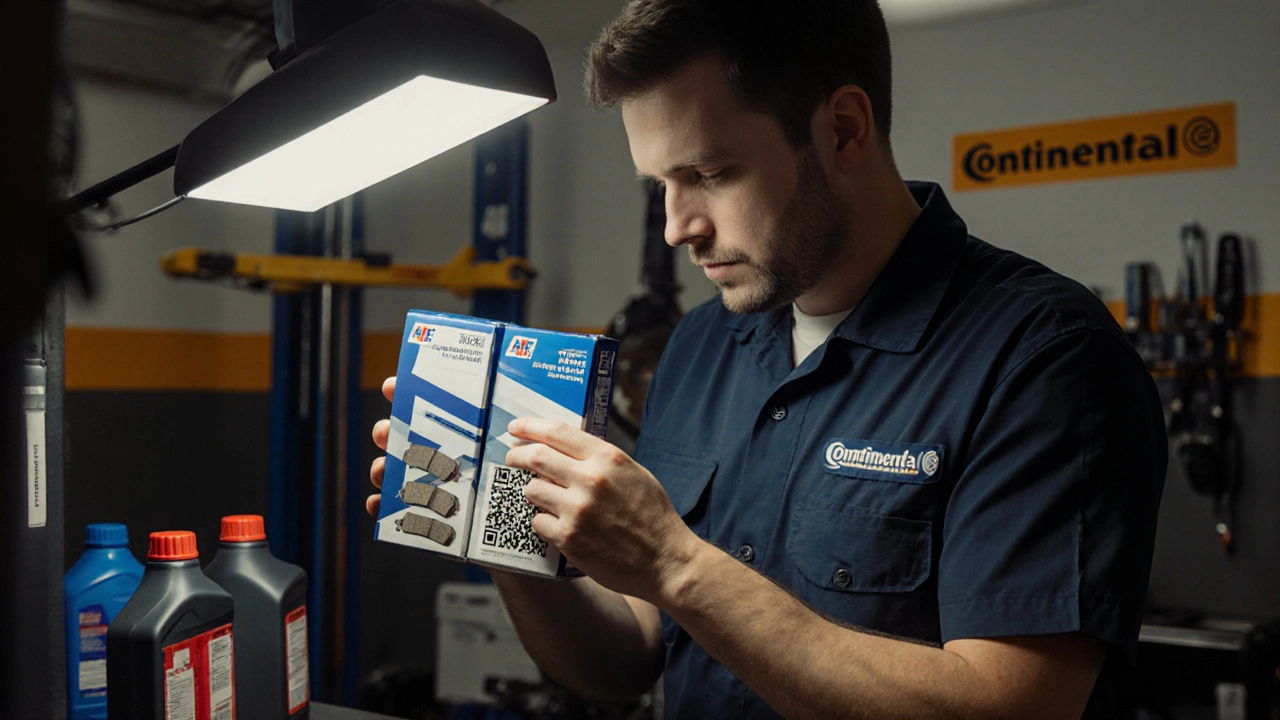 Механик в автосервисе сравнивает оригинальные и поддельные тормозные колодки ATE.