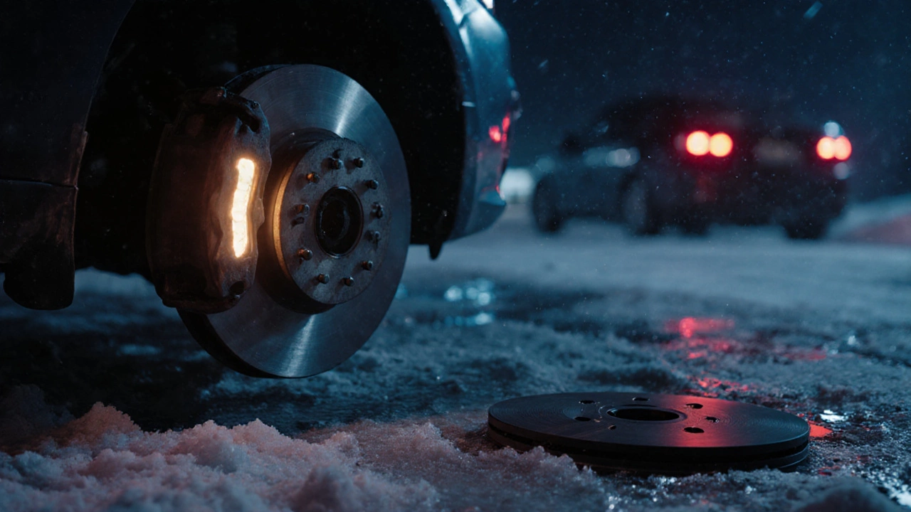 Оригинальные тормозные диски на фоне снежной дороги с брошенными неподходящими дисками.