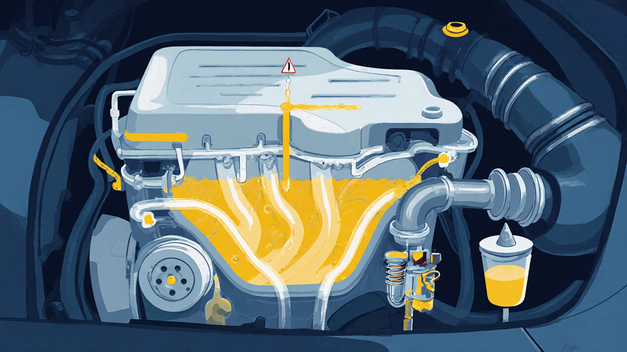 Прозрачный разрез двигателя с потоками масла, антифриза и фильтров, показывающий правильный уход.