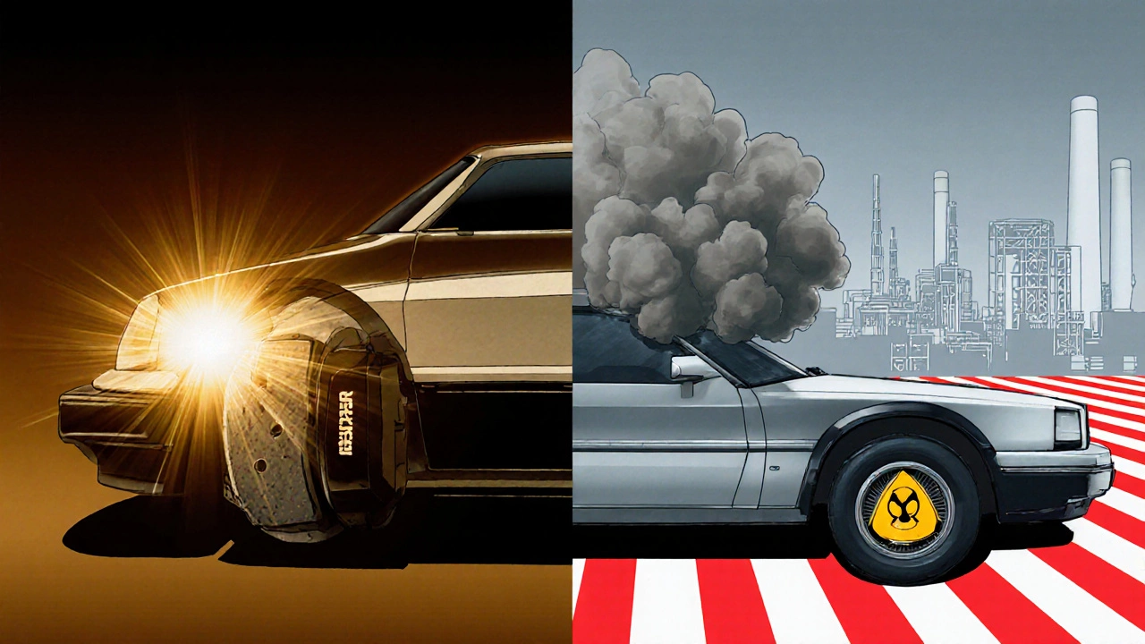 Разделённый автомобиль: одна сторона — надёжные тормоза прошлого, другая — опасные современные колодки с дымом.