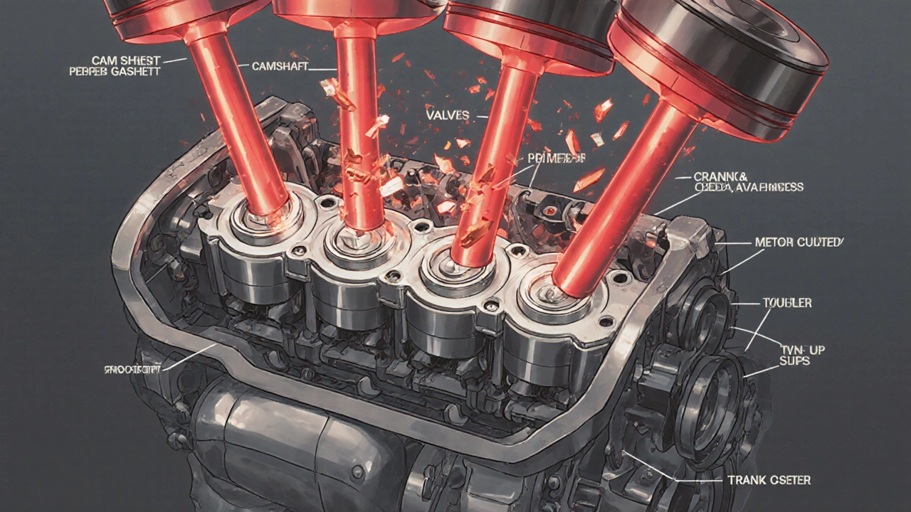 Разрез двигателя в момент столкновения поршня с клапаном при обрыве ремня ГРМ.