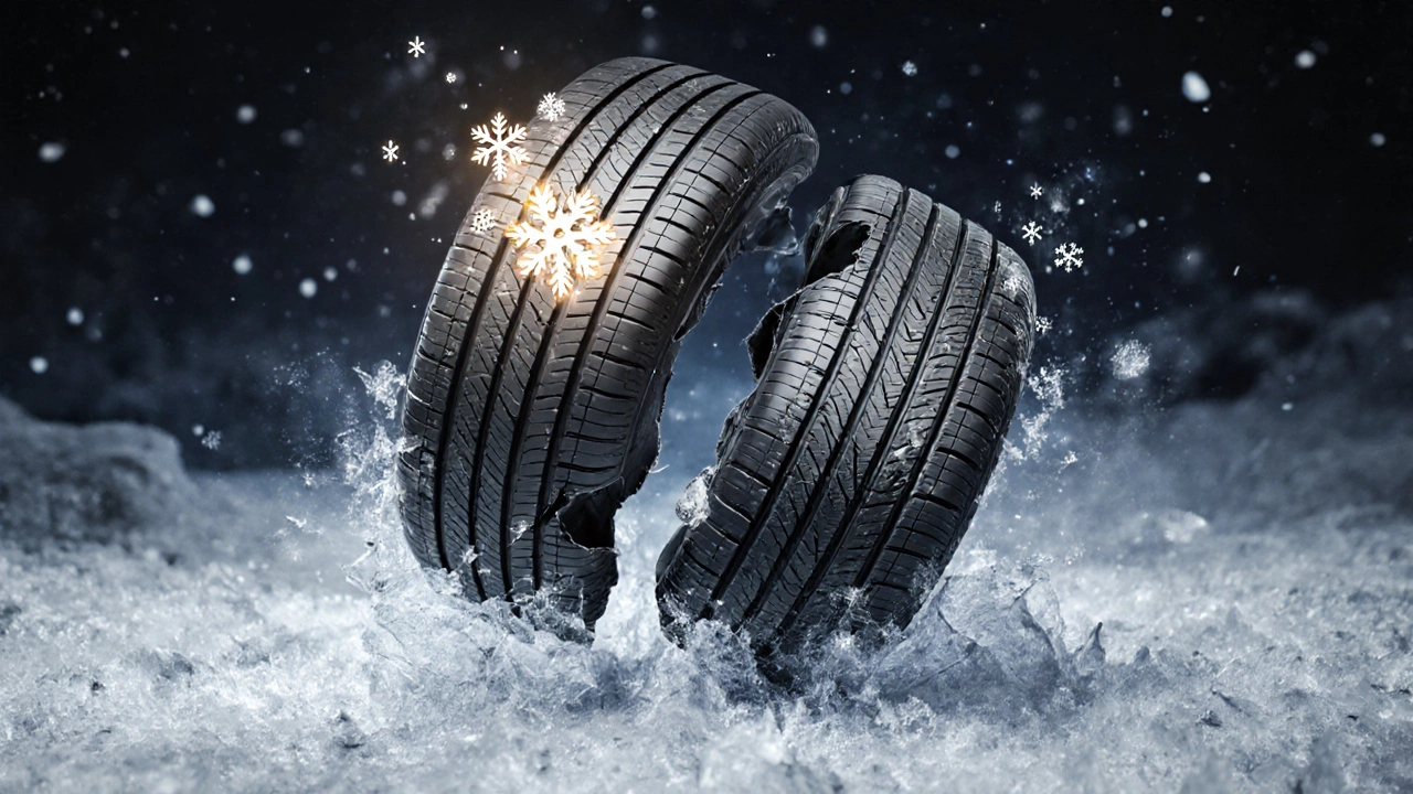 Разрушающаяся всесезонная шина на фоне зимнего пейзажа, символизирующая потерю эластичности в мороз.