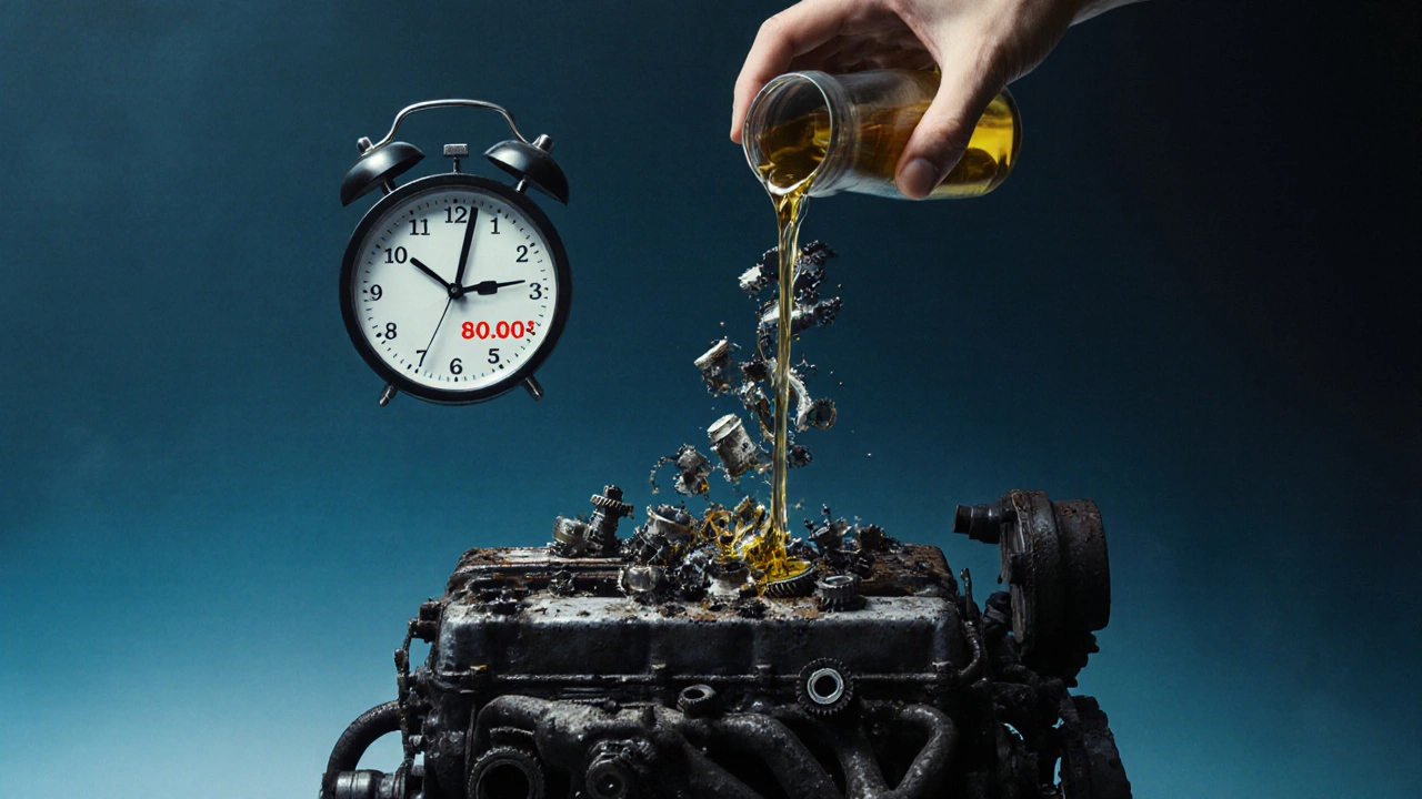 Рука льет новое масло, но оно превращается в сломанные шестерни и забитые фильтры, символизируя разрушение двигателя.