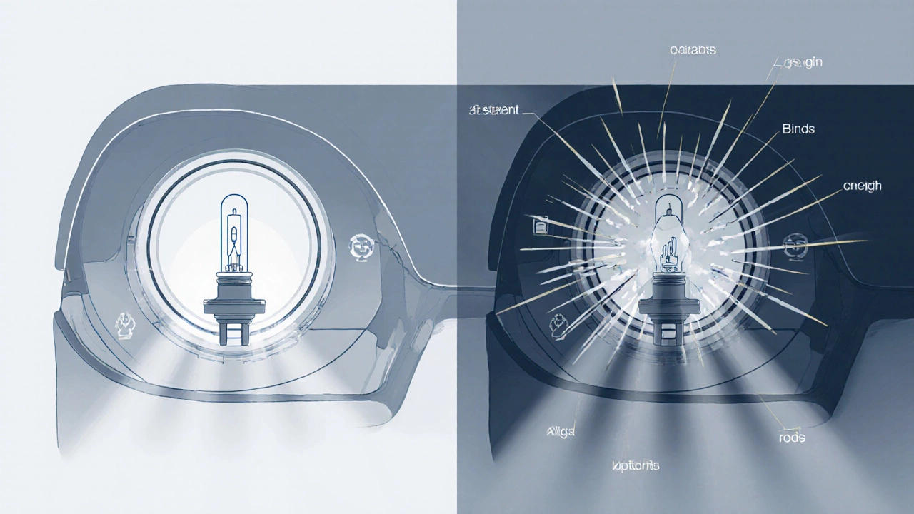 Схема фары: правильный и неправильный световой пучок от разных ламп, показывающий блики и тени.