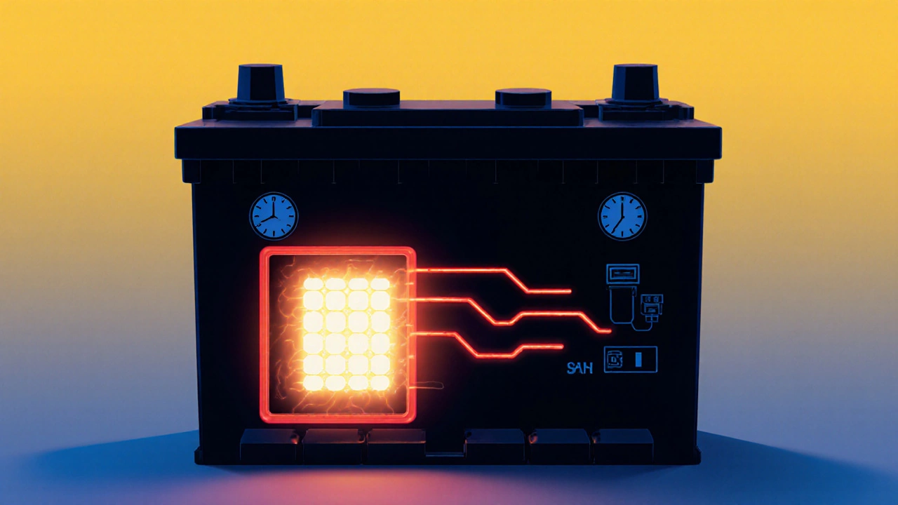 Схематичное изображение разряжающегося автомобильного аккумулятора с токами утечки от электроники.
