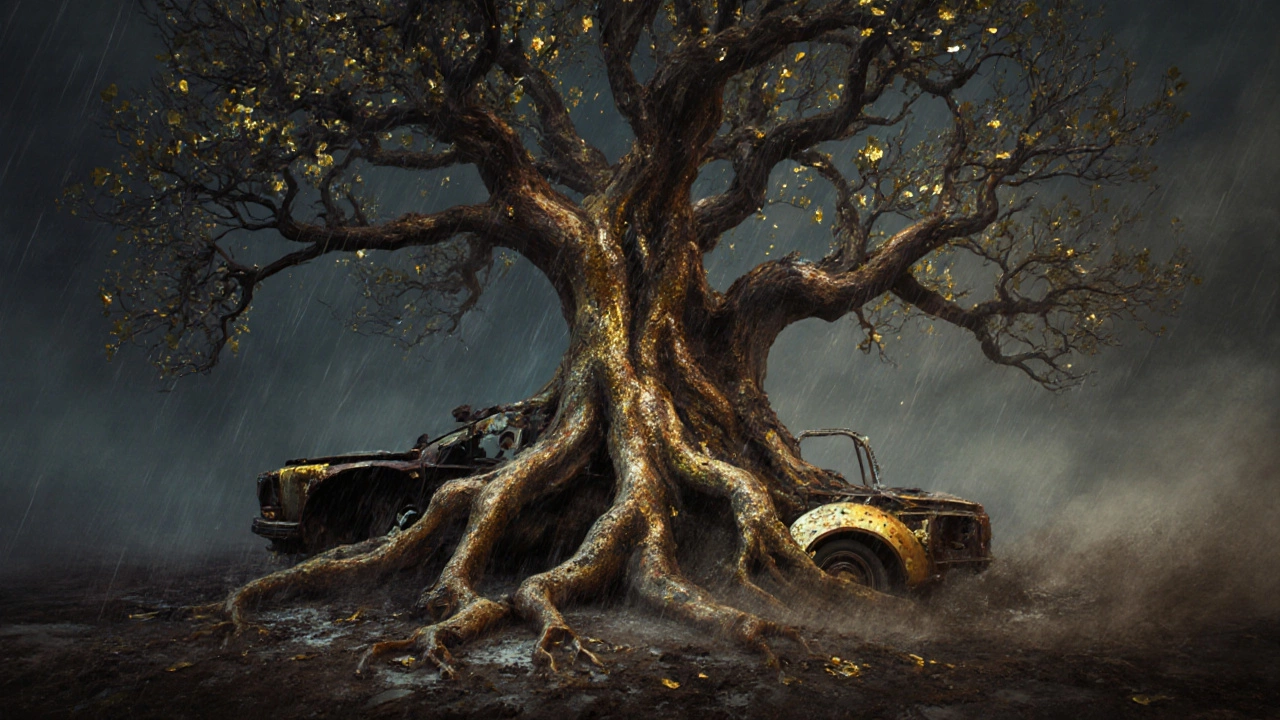 Символическое изображение автомобиля как дерева: одна часть здоровая с защитным покрытием, другая разрушается от соли.