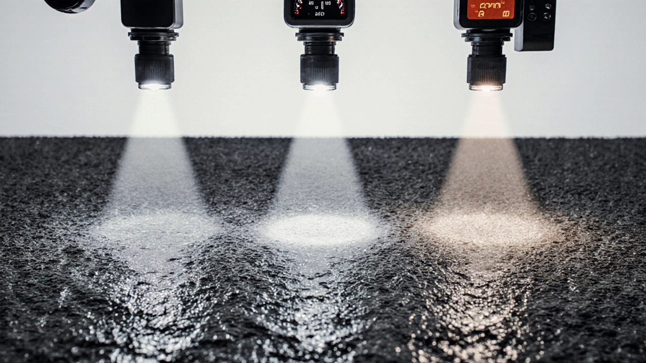 Сравнение трёх типов фар на мокрой дороге в лаборатории: ксенон, галоген и светодиод, показывающих разную степень освещения и рассеивания света.