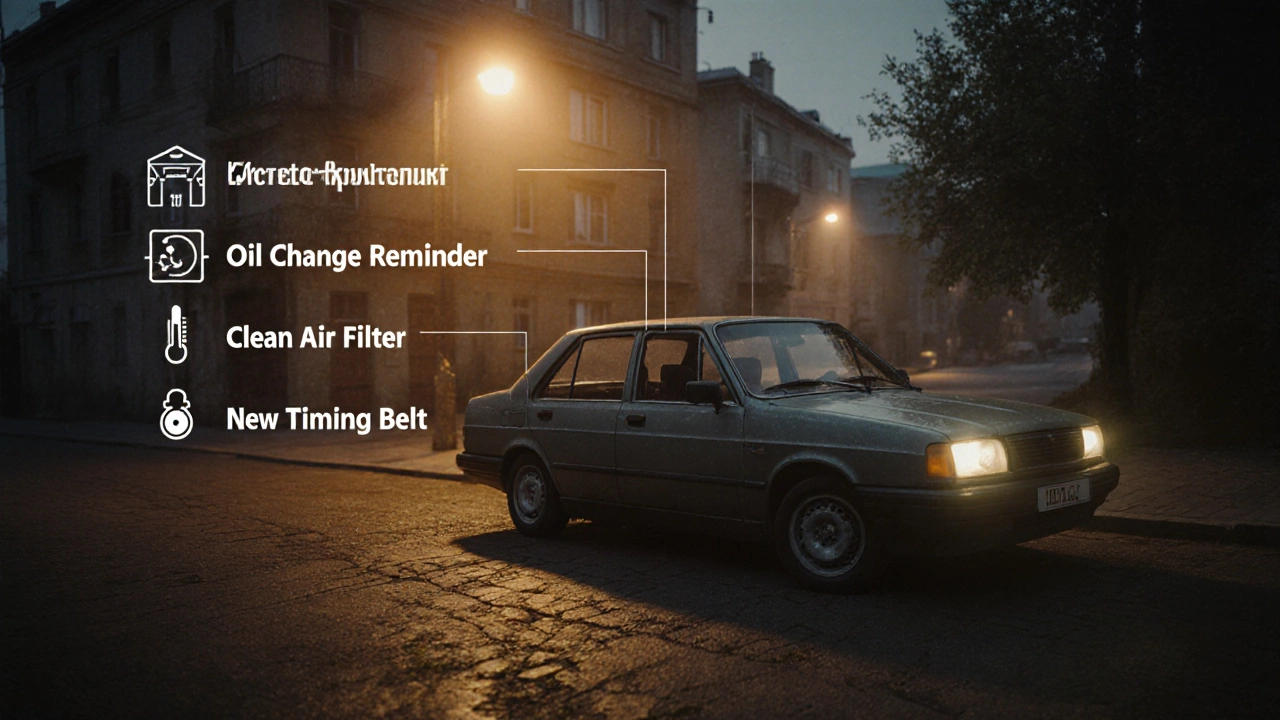 Старая машина под уличным фонарём с мягким светом, символизирующая долгую жизнь благодаря регулярному обслуживанию.