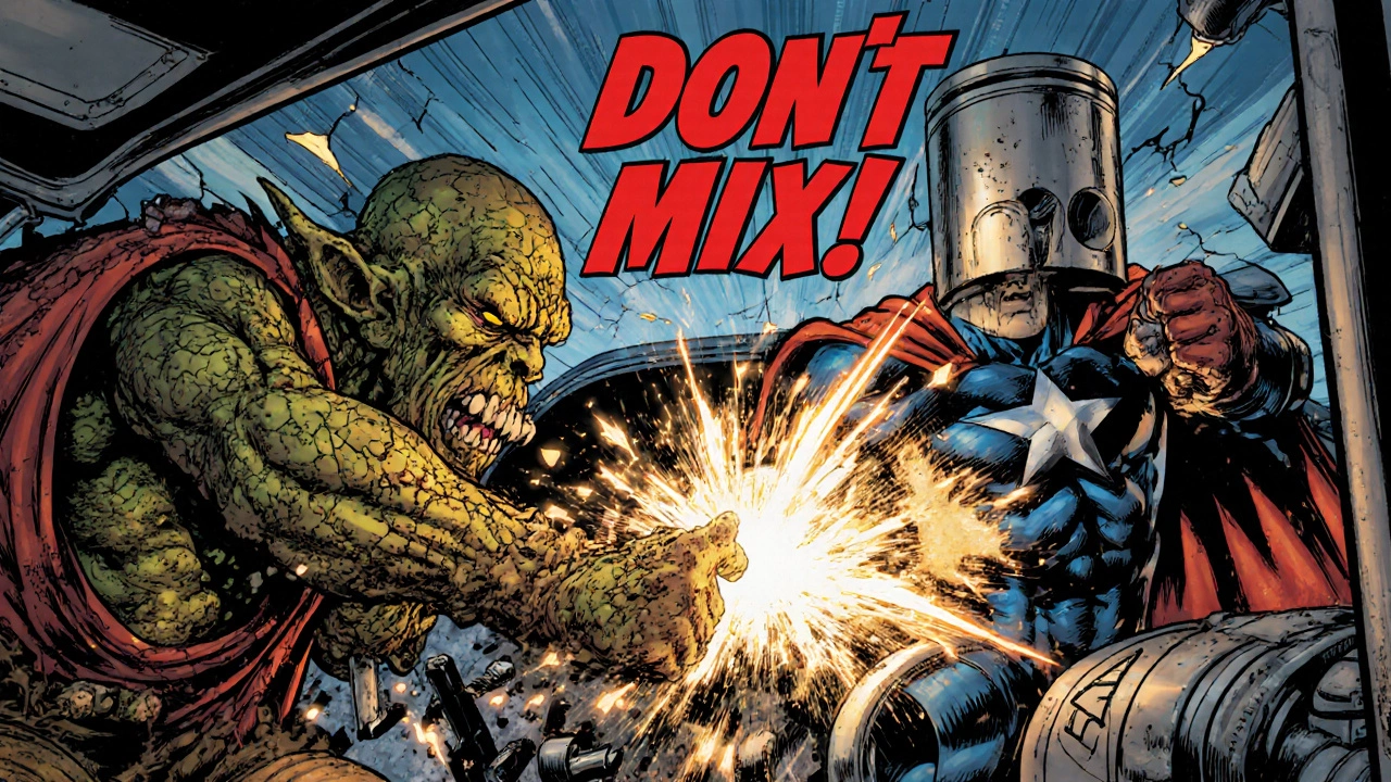 Стилизованная битва старого и нового моторного масла внутри двигателя, с заклинивающими деталями и предупреждающими эффектами.