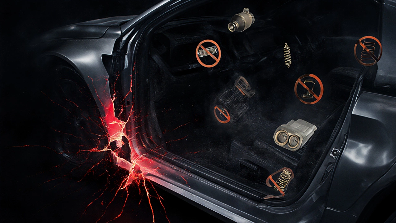 Трещины в несущей раме автомобиля с символами запрещённых модификаций вокруг.