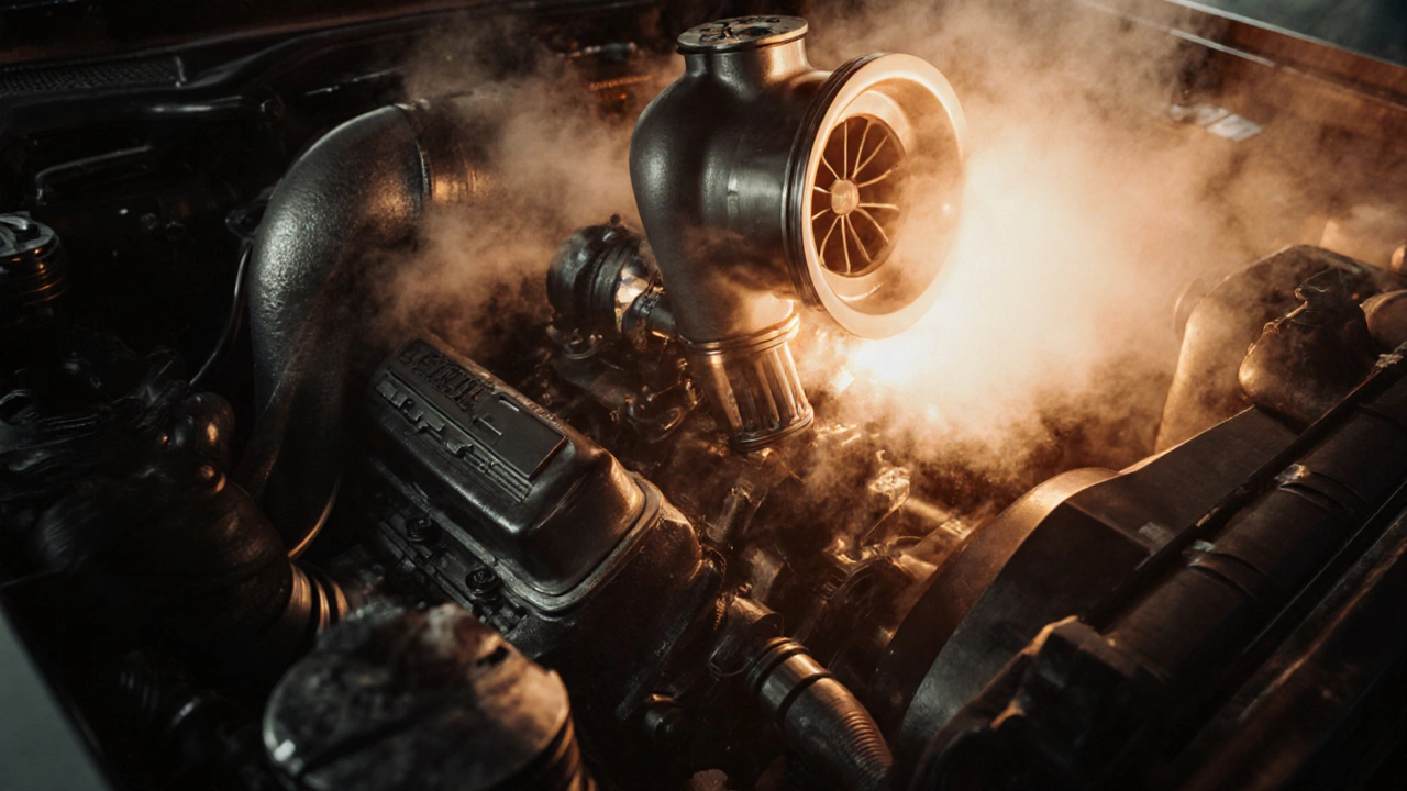 Турбонаддув под нагрузкой: раскаленные выхлопные газы вращают турбину с видимыми усиленными поршнями.