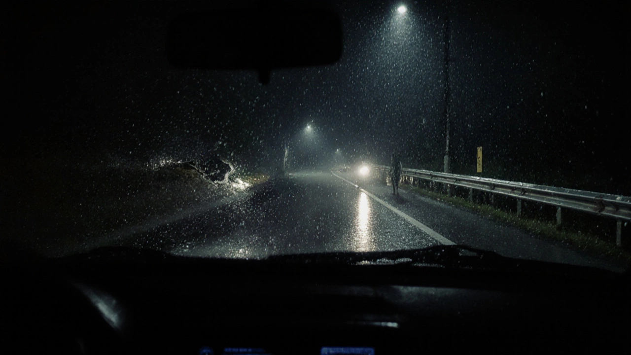 Вид из кабины автомобиля в дождь: фары чётко освещают пешехода и обочину, не ослепляя водителя.