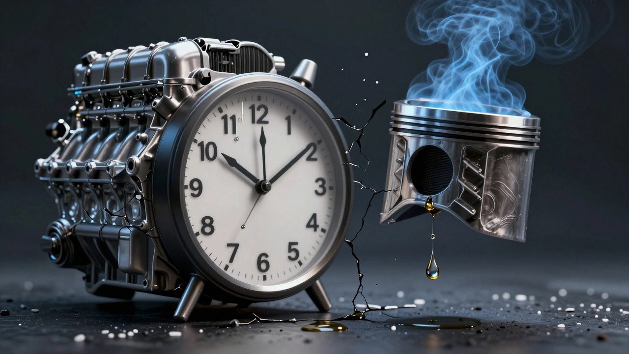 Часы над треснувшим блоком цилиндров: одна сторона — здоровый двигатель, другая — с дымом и повреждениями.