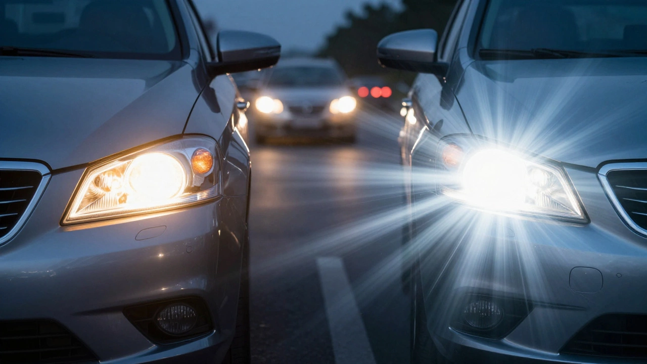 Две фары: одна светит правильно, другая слепит — сравнение правильного и неправильного освещения.