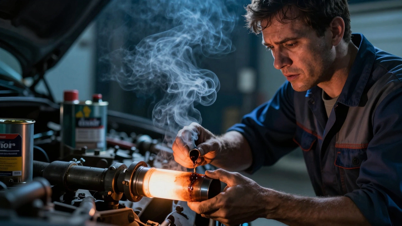 Механик капает масло на выхлопную трубу, появляется дым от перегрева.