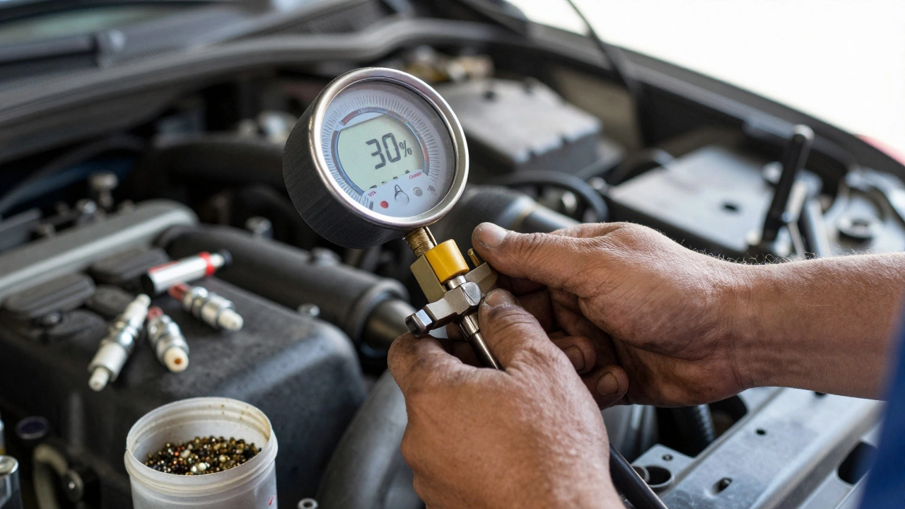 Механик проверяет компрессию в цилиндре с помощью манометра, на фоне маслянистых свечей и банки с металлической стружкой.