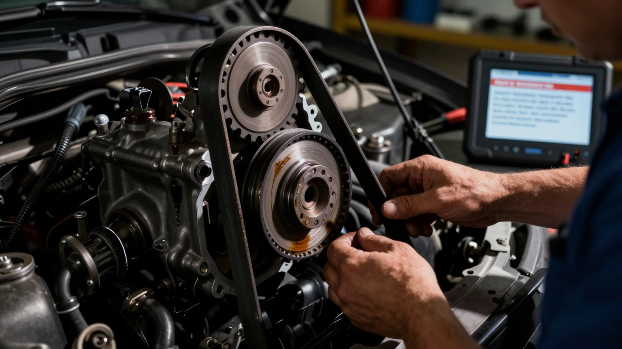 Механик снимает крышку ремня ГРМ, видны масляные пятна и повреждения на ремне.