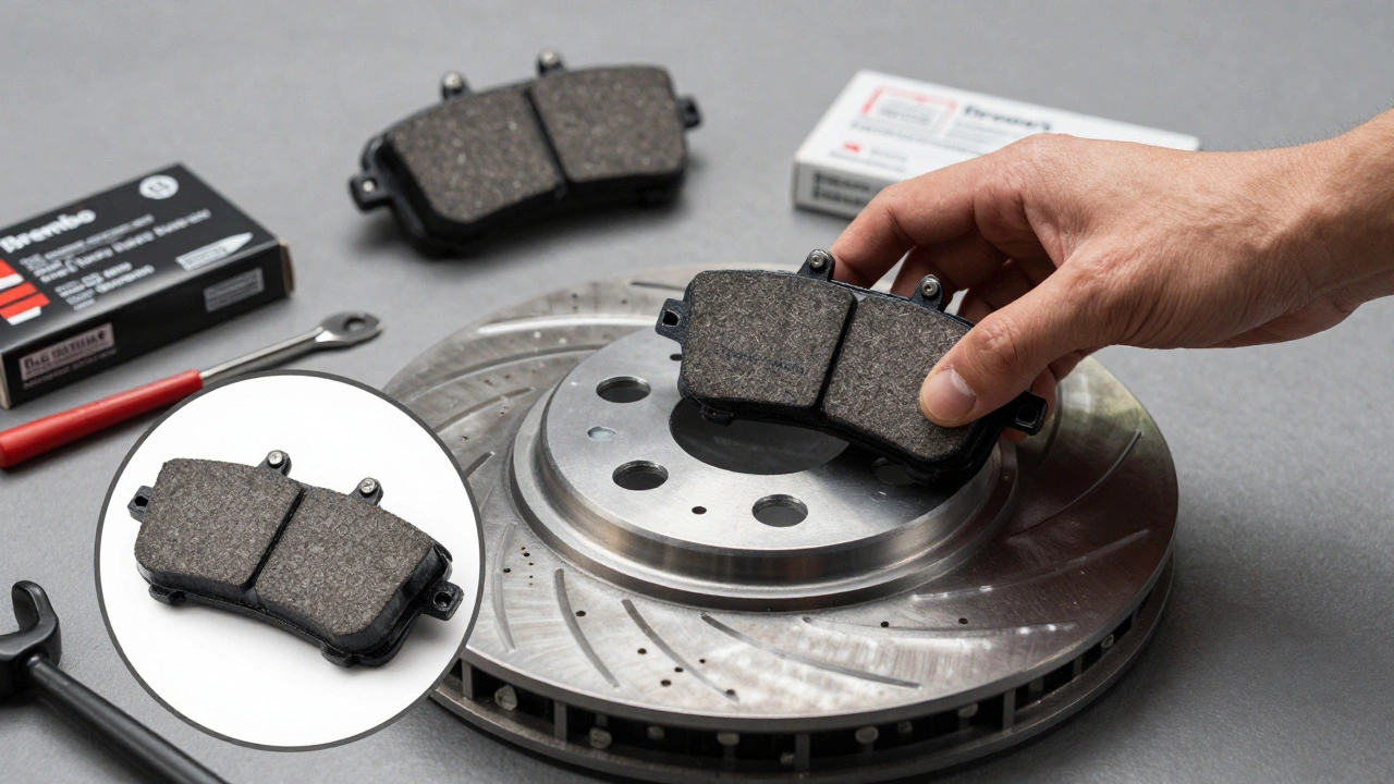 Механик устанавливает брендовые керамические тормозные колодки с детализацией материала.