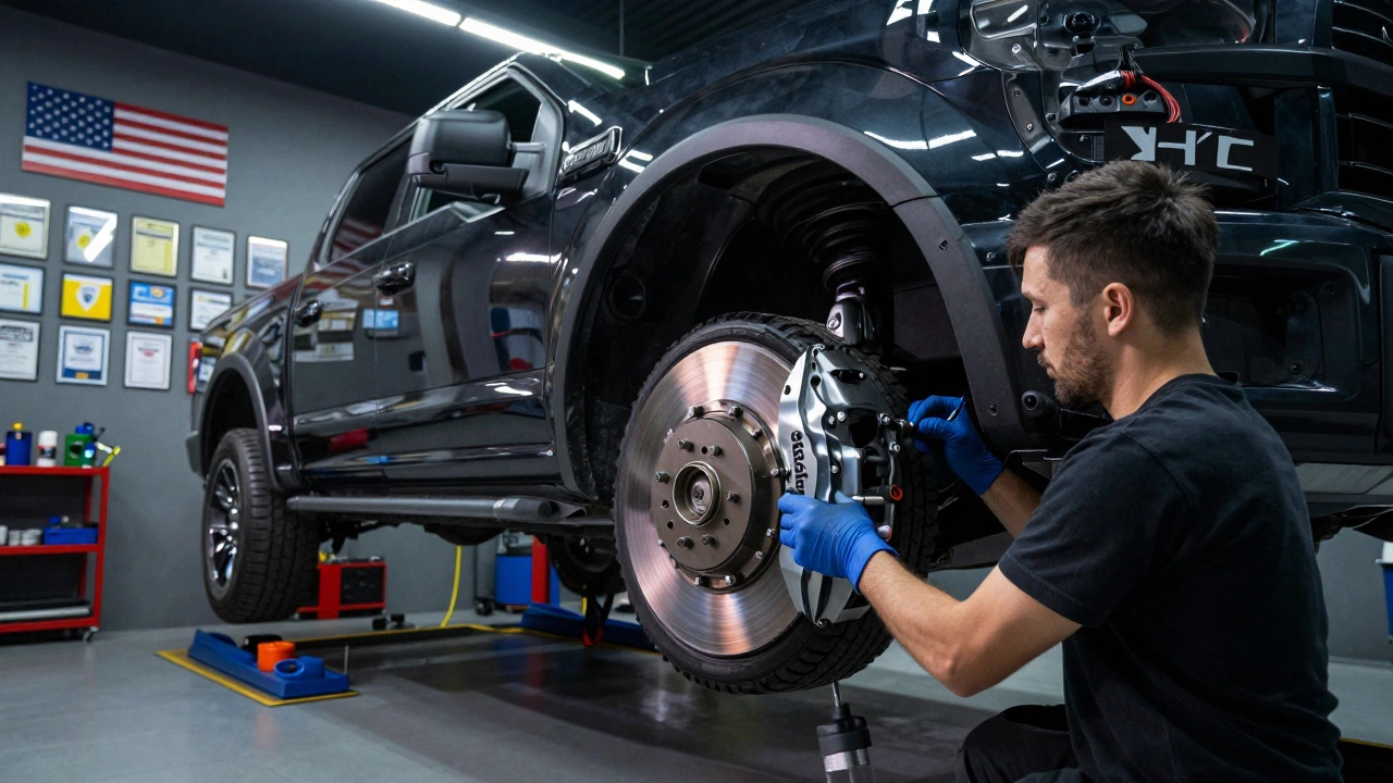 Механики устанавливают спортивные тормозные колодки StopTech на грузовик в московском тюнинг-центре.