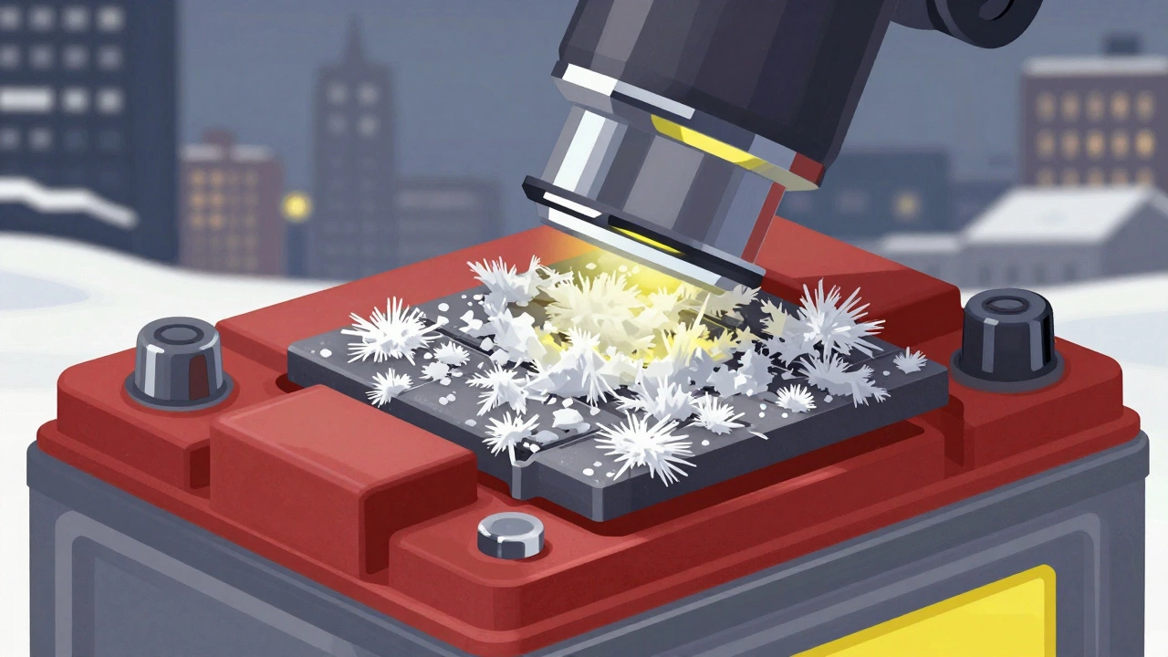 Микроскопический вид пластин аккумулятора, покрытых кристаллами сульфата свинца, как снежный налет.