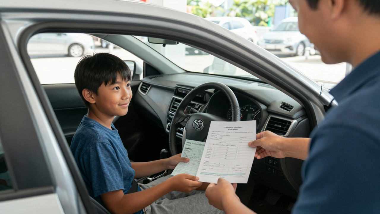 Продажа автомобиля с высоким пробегом: покупатель и продавец обмениваются чеками и диагностикой на солнечной стоянке.