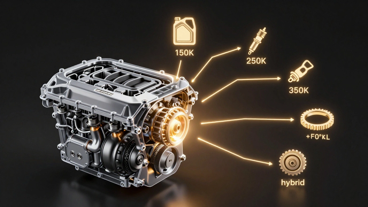 Прозрачный двигатель с маркировкой пробега для разных типов моторов и символами обслуживания, на тёмном фоне.