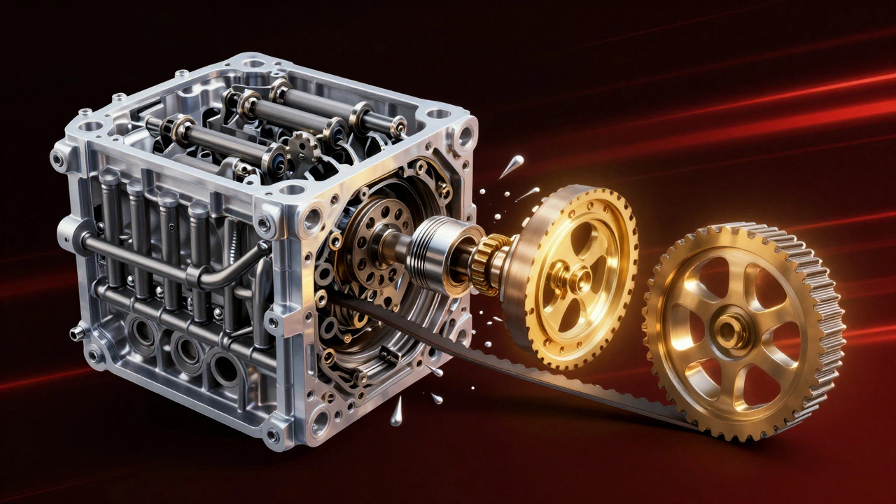 Прозрачный двигатель с разрушенными клапанами и новым ремнем ГРМ как символ спасения.