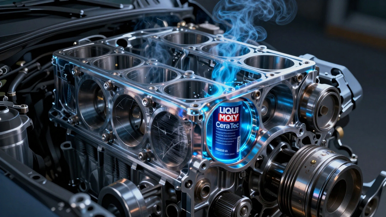 Прозрачный двигатель с видимыми задирами в цилиндрах и синим дымом, вокруг которых светятся присадки в масле.