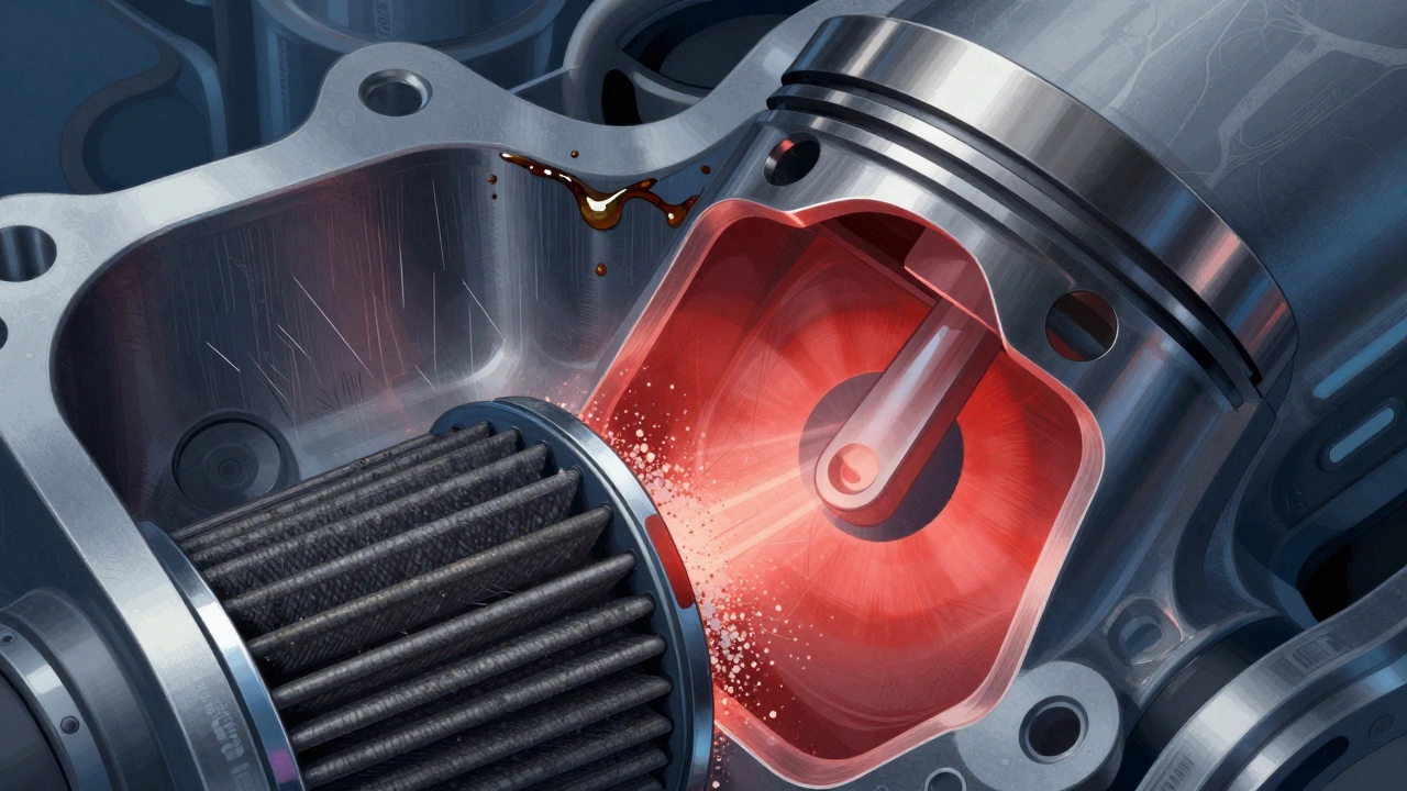 Разрез цилиндра двигателя с видимыми задирами и частицами пыли, проникающими через поврежденный воздушный фильтр.