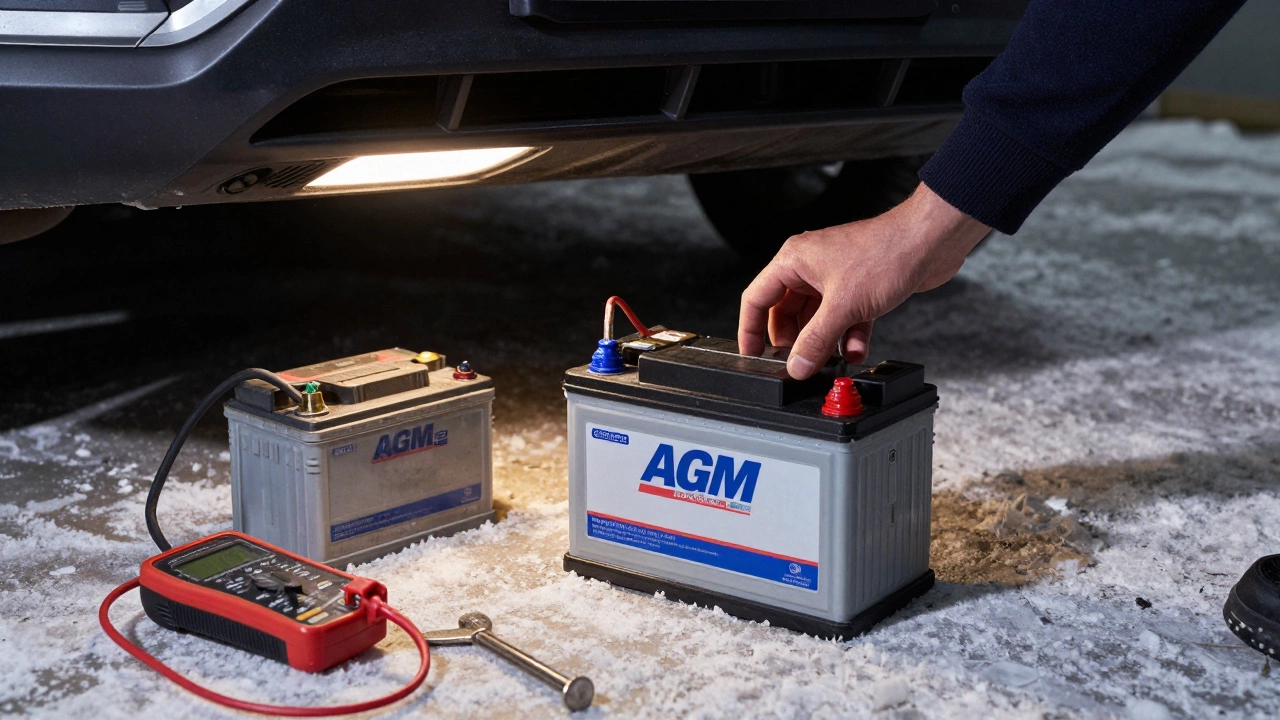 Рука устанавливает новый аккумулятор в двигатель, старый лежит на снегу в гараже.